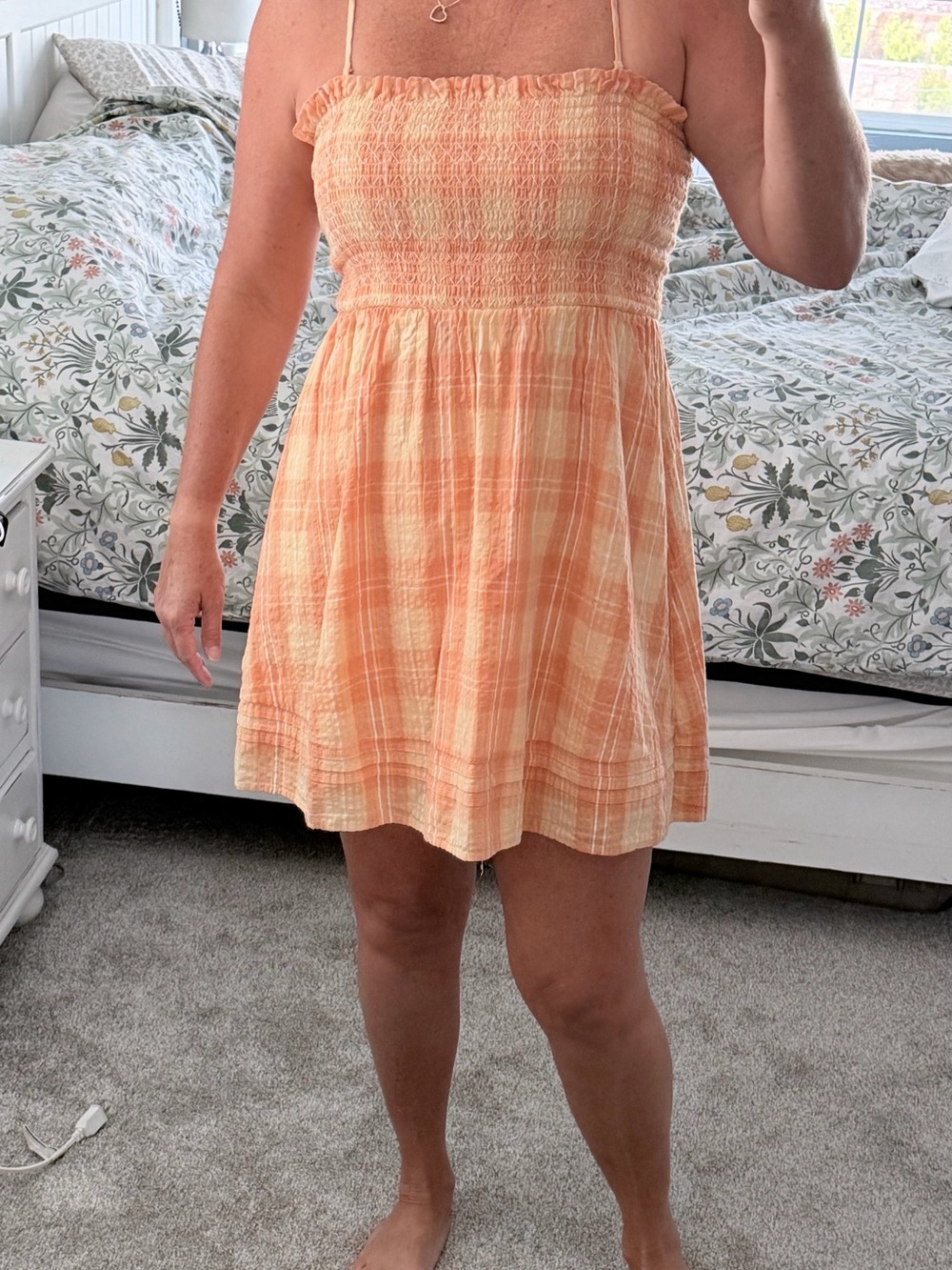 American Eagle Outfitters Cream and Orange Strapless Plaid Sundress
